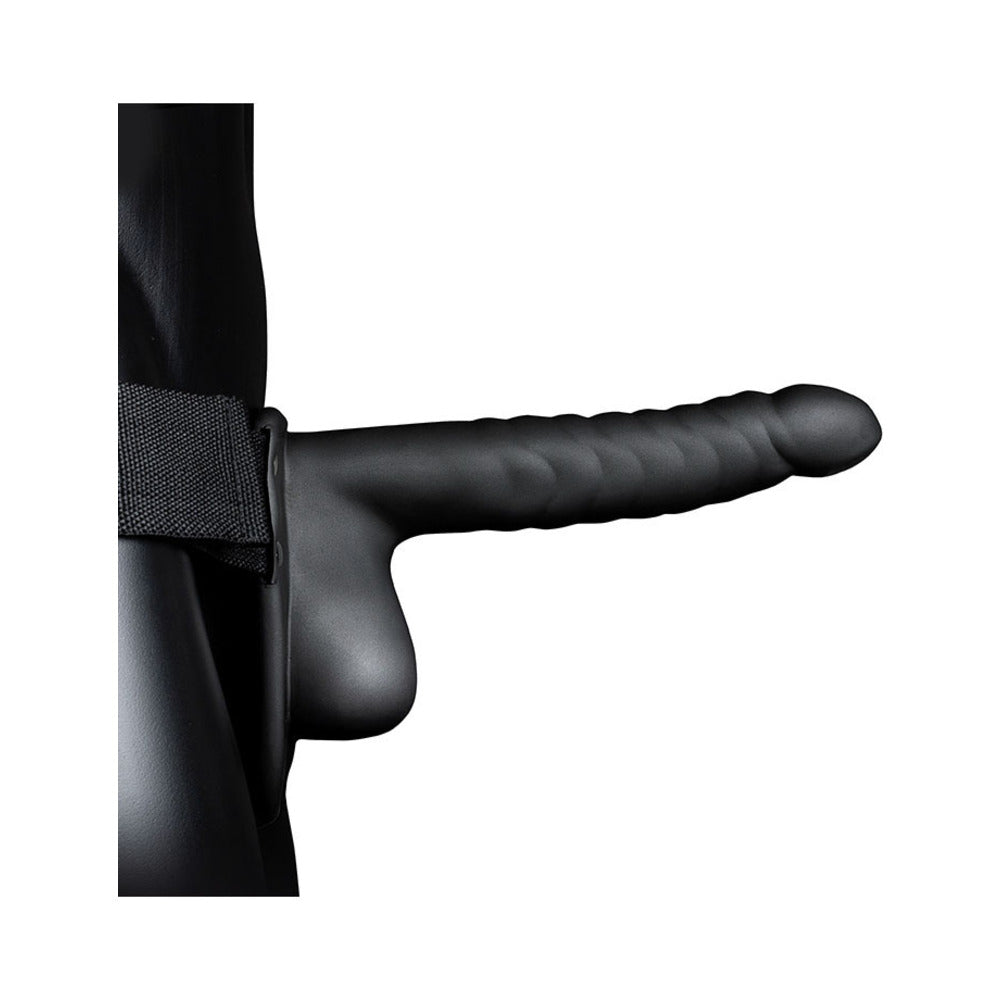 Ouch! Ribbed 8 inches Hollow Strap-On with Balls Black