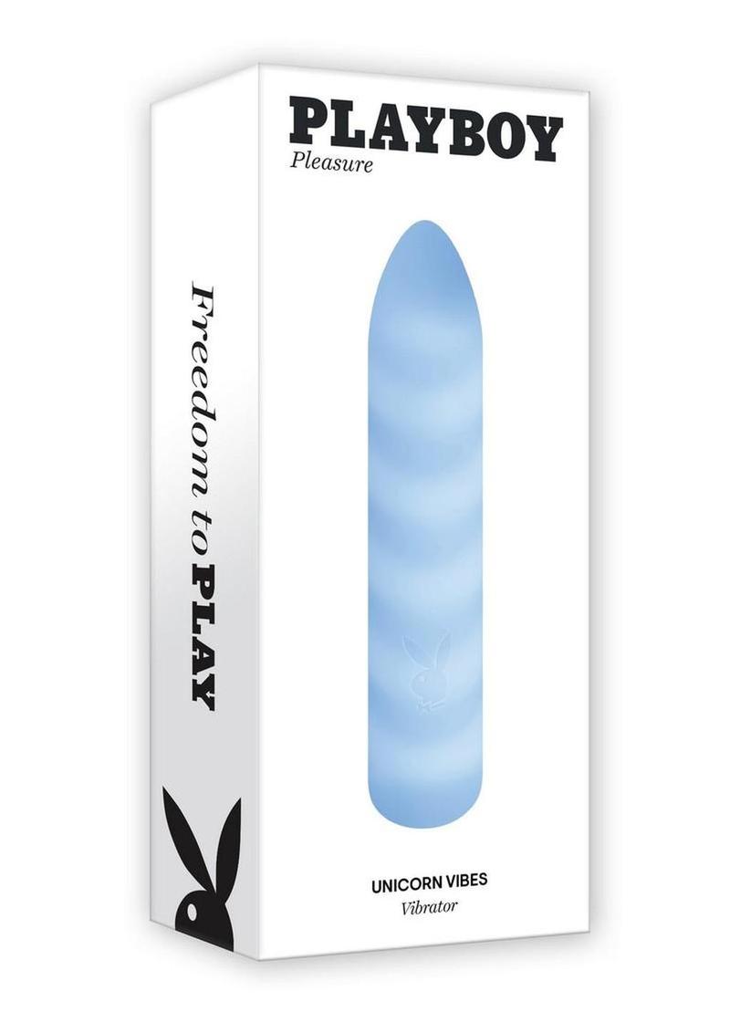 Playboy Unicorn Vibes Silicone Vibrating Bullet Blue packaging featuring a smooth blue vibrator design.