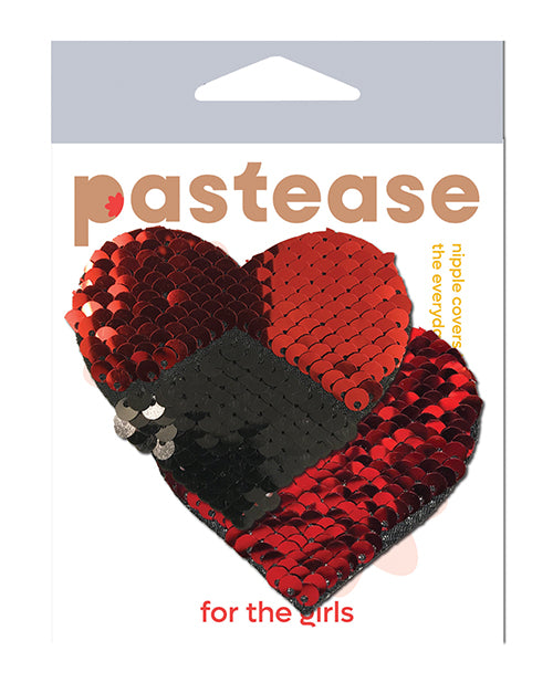 Pastease Color Changing Sequin Heart Pasties Red Black packaging with shiny red and black sequins for nipple covers.