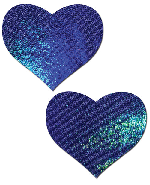 Pastease Liquid Heart Blue Spectrum Pasties featuring two heart-shaped designs with blue shimmer.