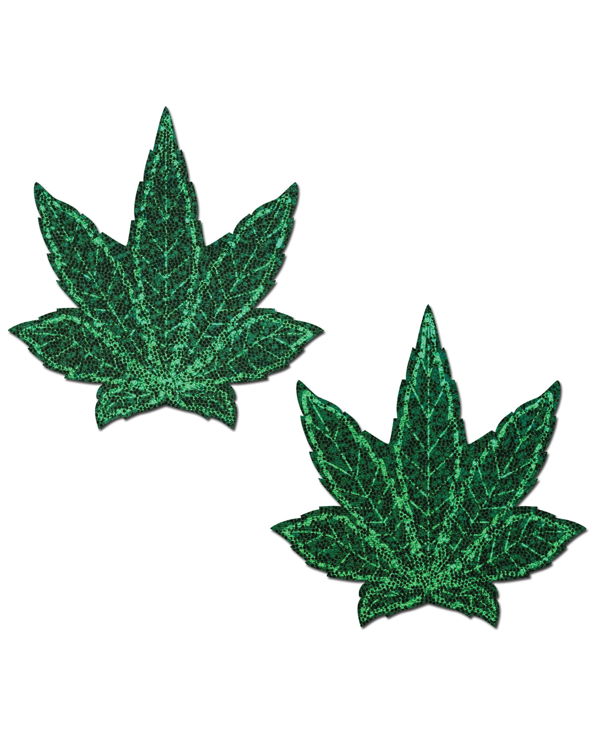 Pastease Glitter Marijuana Leafs Green OS showcasing glittery green cannabis leaf-shaped nipple covers.
