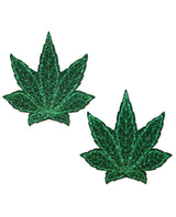 Pastease Glitter Marijuana Leafs Green OS showcasing glittery green cannabis leaf-shaped nipple covers.
