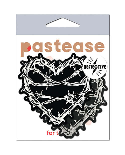 Pastease Premium Barbed Wire Heart Reflective Black OS packaging featuring bold black hearts with barbed wire design.