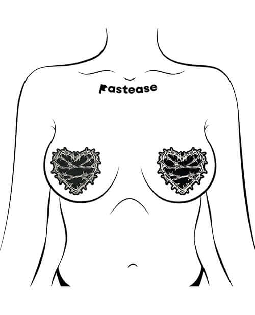 Image of Pastease Premium Barbed Wire Heart Reflective Black OS worn as pasties on a model's chest.