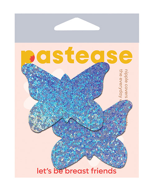 Pastease Premium Glitter Butterfly Pasties Blue packaging featuring shimmering blue butterfly nipple covers.