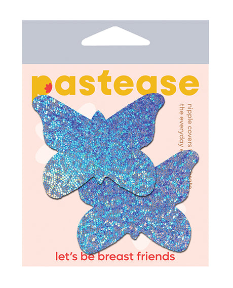 Pastease Premium Glitter Butterfly Pasties Blue packaging featuring shimmering blue butterfly nipple covers.