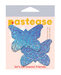 Pastease Premium Glitter Butterfly Pasties Blue packaging featuring shimmering blue butterfly nipple covers.