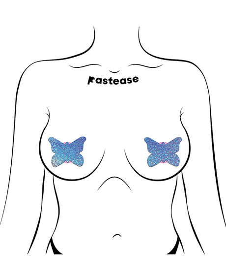 Pastease Premium Glitter Butterfly Pasties Blue on a model, showcasing shimmering butterfly coverage.