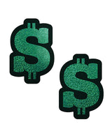 Pastease Premium Glitter Dollar Sign Green OS - glamorous green glitter nipple pasties in dollar sign shape.