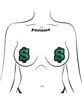 Image of Pastease Premium Glitter Dollar Sign Green OS nipple pasties on a stylized body illustration.