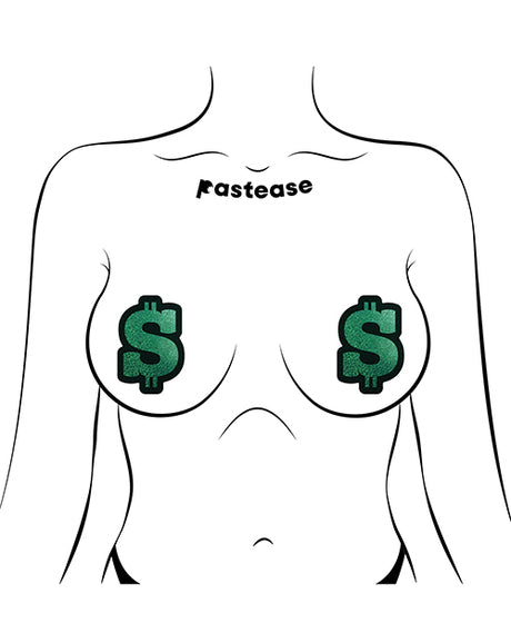Image of Pastease Premium Glitter Dollar Sign Green OS nipple pasties on a stylized body illustration.