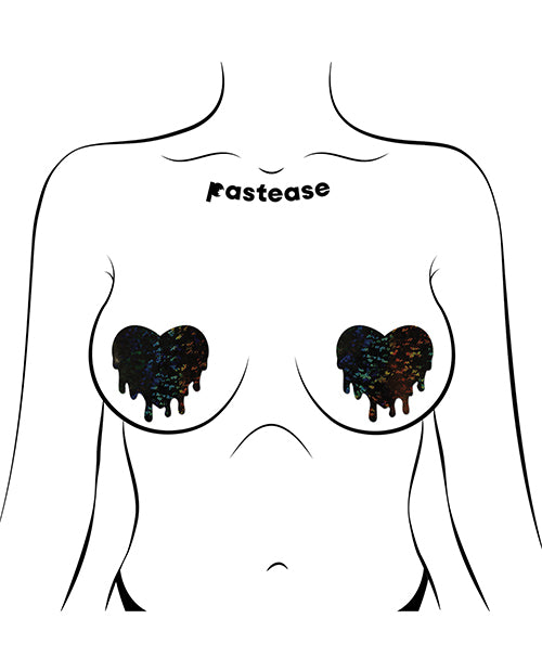 Pastease Premium Melty Heart Nipple Pasties Black displayed on a body outline, featuring heart-shaped covers with a glittery finish.