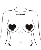 Pastease Premium Melty Heart Nipple Pasties Black displayed on a body outline, featuring heart-shaped covers with a glittery finish.