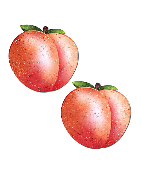 Pastease Fuzzy Sparkling Georgia Peach Nipple Pasties, featuring fuzzy sparkling peach design with green leaves.