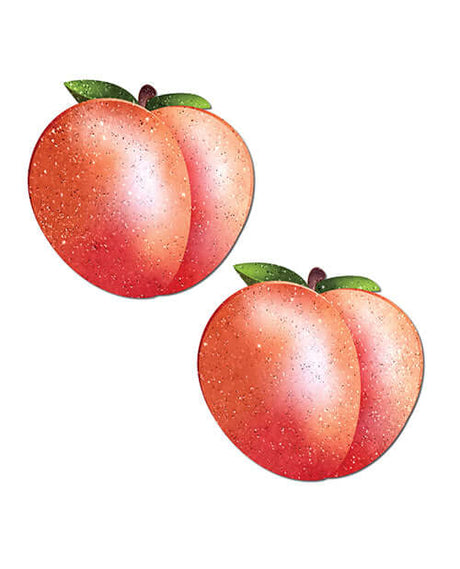 Pastease Fuzzy Sparkling Georgia Peach Nipple Pasties, featuring fuzzy sparkling peach design with green leaves.