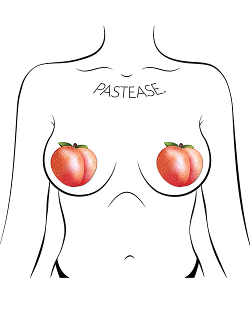 Pastease Fuzzy Sparkling Georgia Peach Nipple Pasties on a silhouette model, showcasing playful peach designs.