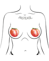 Pastease Fuzzy Sparkling Georgia Peach Nipple Pasties on a silhouette model, showcasing playful peach designs.