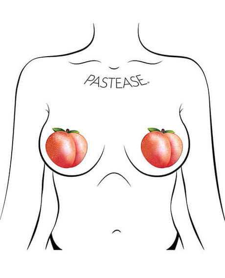 Pastease Fuzzy Sparkling Georgia Peach Nipple Pasties on a silhouette model, showcasing playful peach designs.
