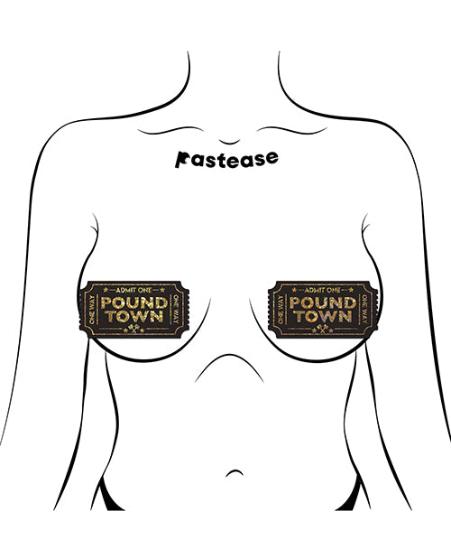 Pastease Premium Pound Town Glitter Black pasties displayed on an outline of a body, showcasing their playful design.