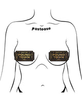 Pastease Premium Pound Town Glitter Black pasties displayed on an outline of a body, showcasing their playful design.