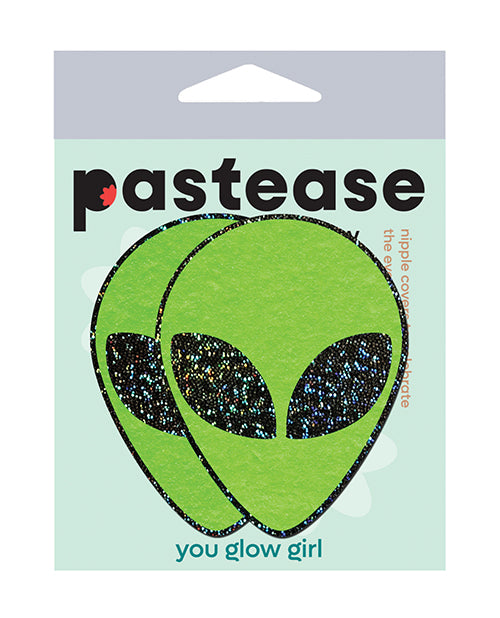 Pastease Glitter Alien Pasties Green OS package featuring bold green alien design with glitter.