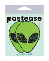 Pastease Glitter Alien Pasties Green OS package featuring bold green alien design with glitter.
