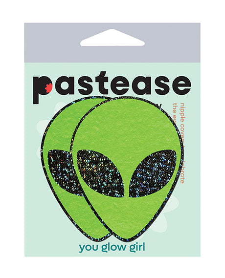 Pastease Glitter Alien Pasties Green OS package featuring bold green alien design with glitter.