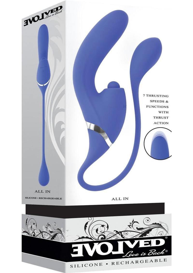 All In Rechargeable Silicone Dual Vibrator Blue in packaging showcasing its features and design.
