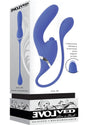 All In Rechargeable Silicone Dual Vibrator Blue in packaging showcasing its features and design.