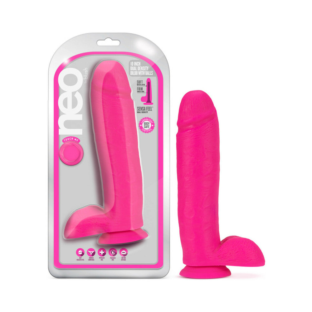 Neo 10 inches Dual Density Dildo with Balls Neon Pink