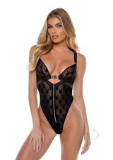 Playboy Bunny Charm Teddy Medium Black showcasing a daring plunge neckline and cheeky thong back in flocked mesh.