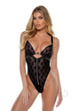 Playboy Bunny Charm Teddy Medium Black showcasing a daring plunge neckline and cheeky thong back in flocked mesh.