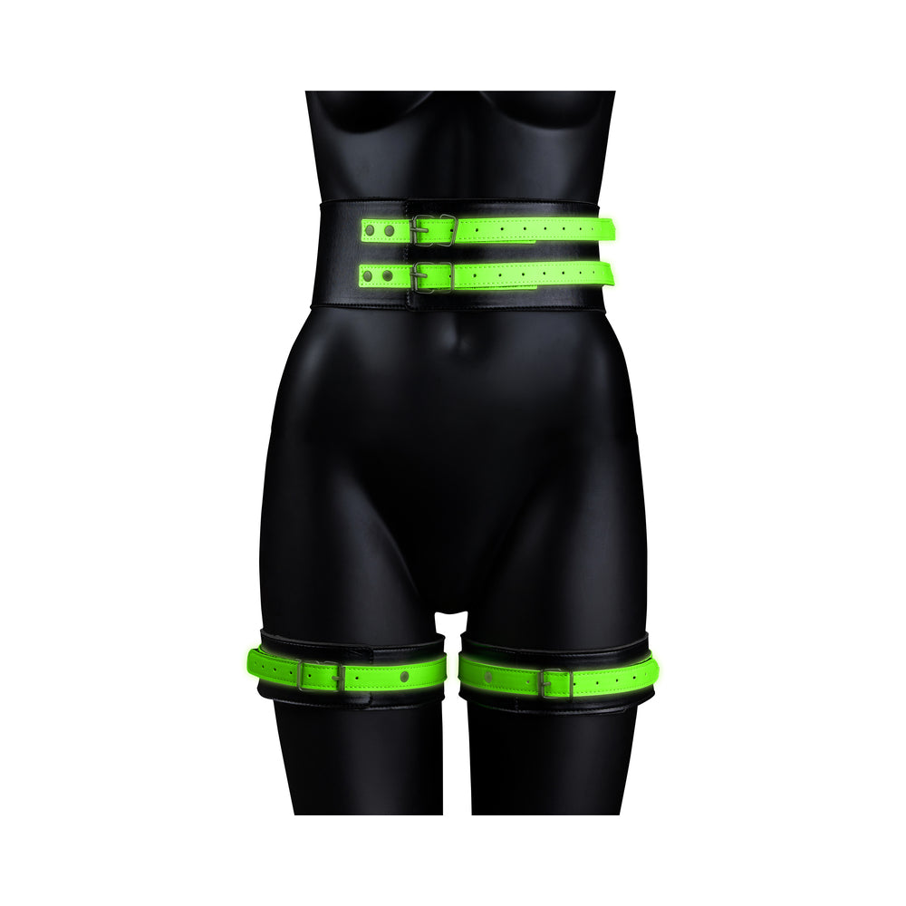 Ouch! Glow in the Dark 5-Piece Bonded Leather Thigh & Handcuffs With Belt Restraint Neon Green S/M