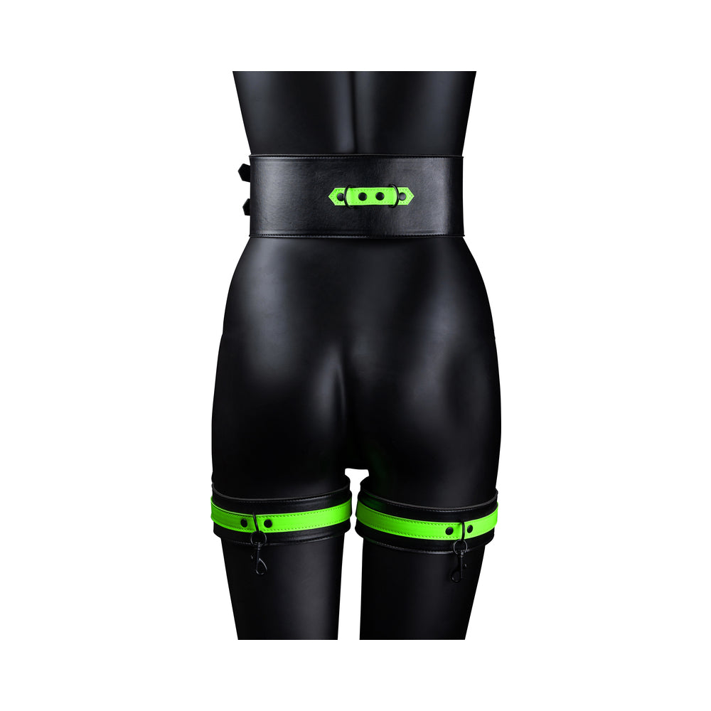Ouch! Glow in the Dark 5-Piece Bonded Leather Thigh & Handcuffs With Belt Restraint Neon Green S/M