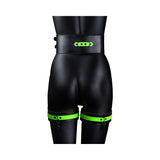 Ouch! Glow in the Dark 5-Piece Bonded Leather Thigh & Handcuffs With Belt Restraint Neon Green S/M