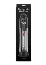 Renegade Warrior Rechargeable Pump Black packaging with waterproof design and digital display features.
