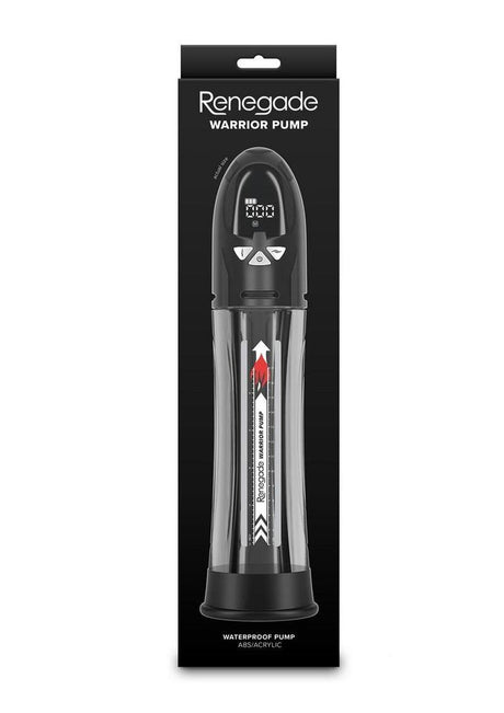 Renegade Warrior Rechargeable Pump Black packaging with waterproof design and digital display features.