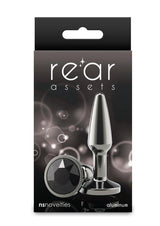 Rear Assets Chrome Tapered Anal Plug Small Gray packaging featuring aluminum design and sleek chrome finish.