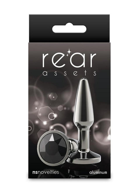 Rear Assets Chrome Tapered Anal Plug Small Gray packaging featuring aluminum design and sleek chrome finish.