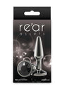 Rear Assets Chrome Tapered Anal Plug Small Gray packaging featuring aluminum design and sleek chrome finish.