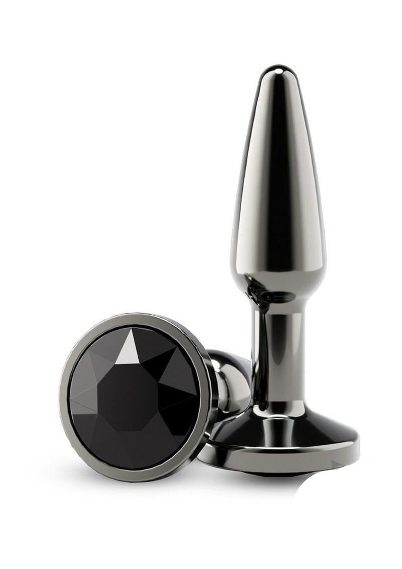 Rear Assets Chrome Tapered Anal Plug Small Gray with gem detail and sleek design for anal exploration.