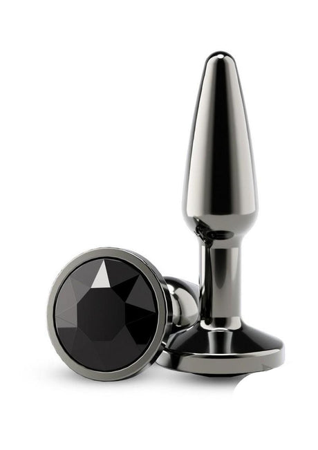 Rear Assets Chrome Tapered Anal Plug Small Gray with gem detail and sleek design for anal exploration.
