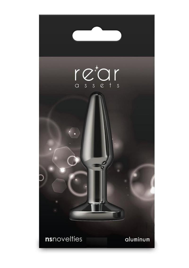 Rear Assets Chrome Tapered Anal Plug Small Gray in packaging with sleek chrome finish and tapered design.