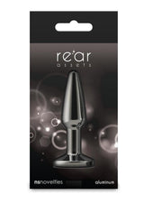 Rear Assets Chrome Tapered Anal Plug Small Gray in packaging with sleek chrome finish and tapered design.
