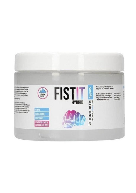 Fist It Hybrid Glide Lubricant 500 ml packaging with gel details and usage instructions.