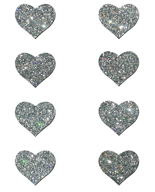 Pastease Mini Glitter Hearts Pasties Silver Pack of 8 – shimmering heart-shaped pasties for playful coverage.