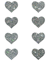 Pastease Mini Glitter Hearts Pasties Silver Pack of 8 – shimmering heart-shaped pasties for playful coverage.
