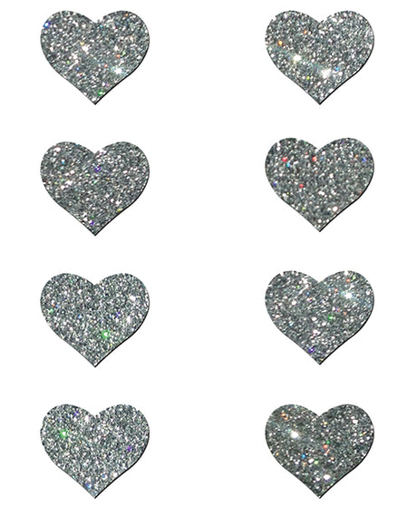 Pastease Mini Glitter Hearts Pasties Silver Pack of 8 – shimmering heart-shaped pasties for playful coverage.