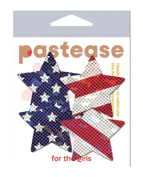 Two-Pair Small Glittering Stars & Stripes Star Nipple Pasties packaging with patriotic star designs.