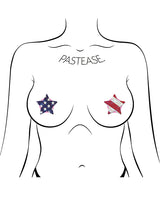 Two-Pair Small Glittering Stars & Stripes Star Nipple Pasties on a model, showcasing a fun, patriotic design.